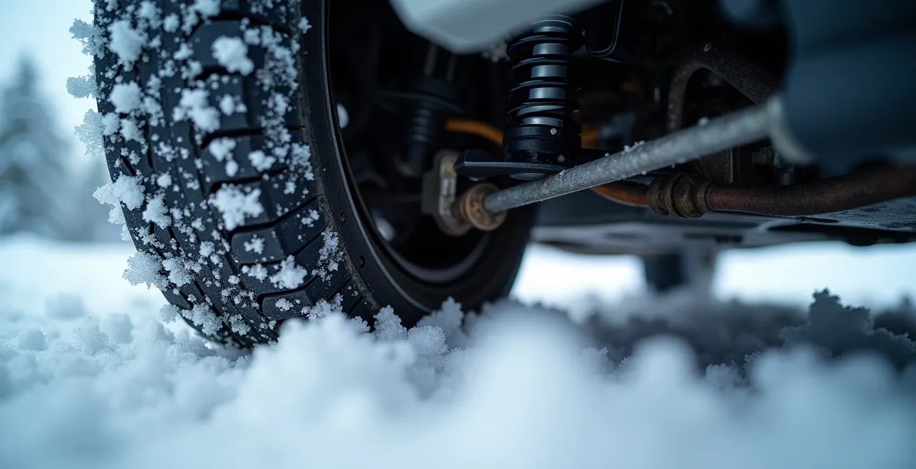Close-up of AWD system components on snowy ground