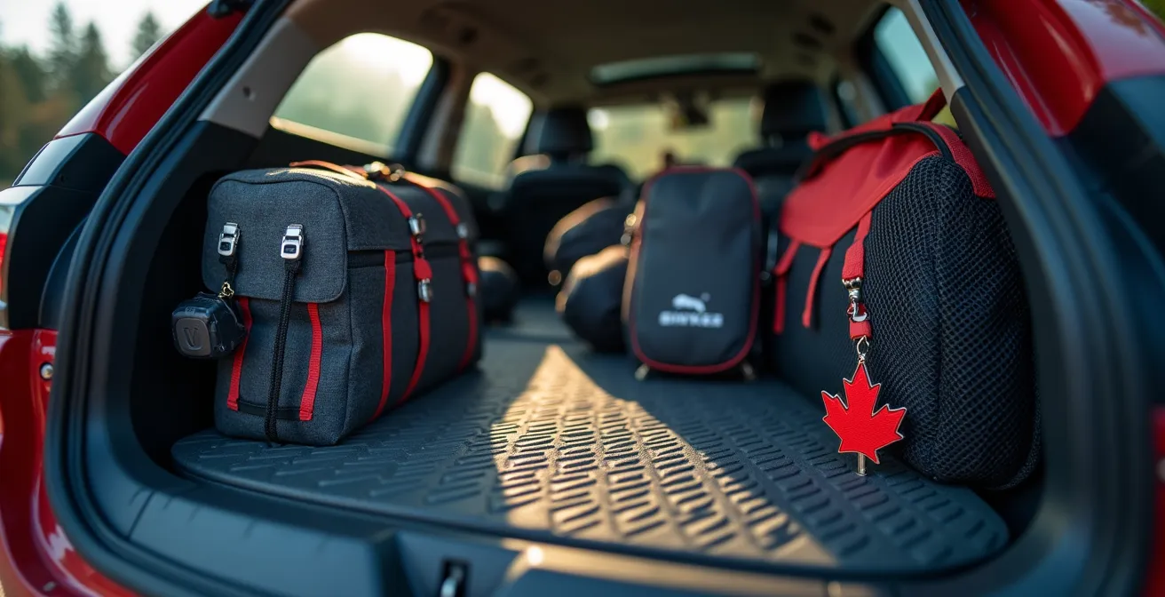 Interior cargo view of SUV trunk loaded with hockey equipment and winter gear