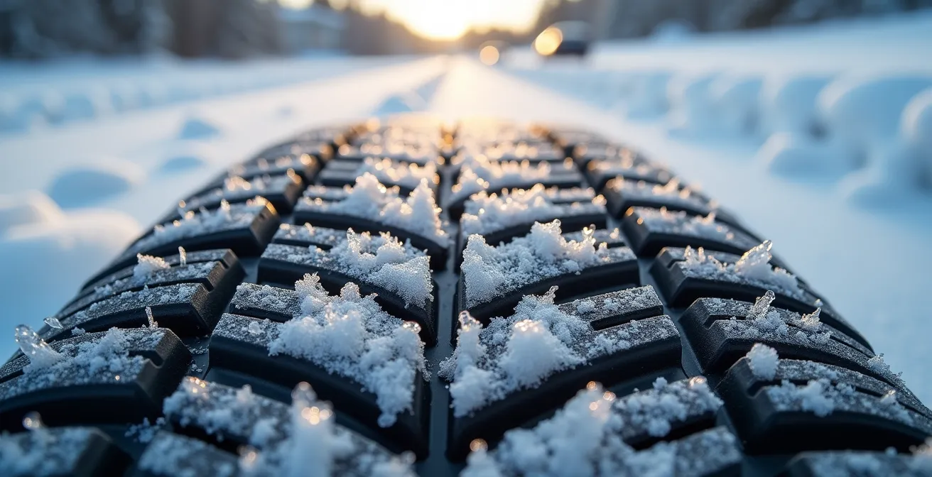 Macro detail of tire grip patterns on icy road surface showing traction differences