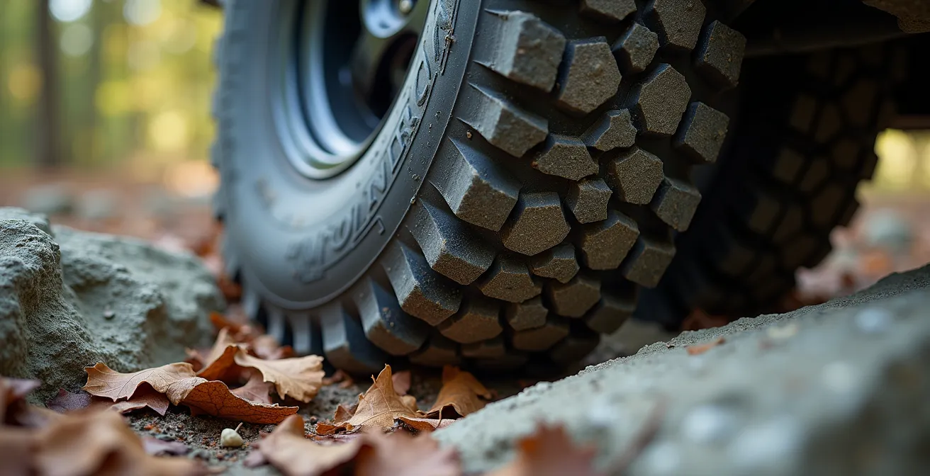 Close-up view of off-road tire deforming over rocky terrain showing increased contact patch