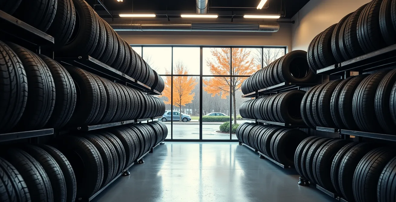 A wide shot of a clean tire shop interior, with organized rows of winter tires on racks, as autumn light streams through a window showing fall foliage.
