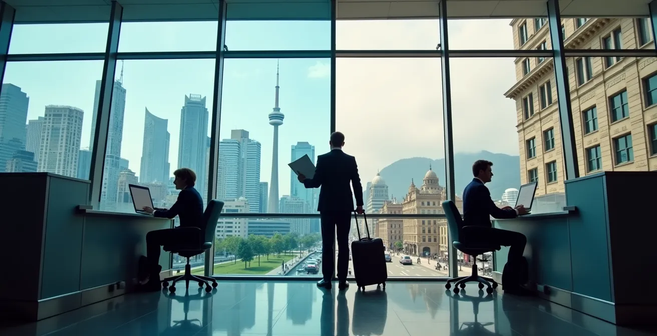 A split image showing a modern rental counter with the Toronto skyline and a classic counter with the Montreal skyline, symbolizing the difference in rental costs.