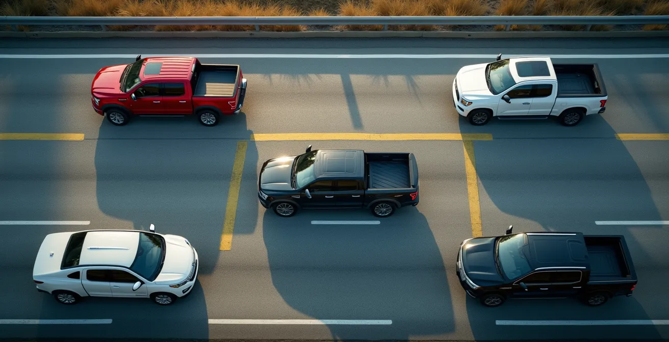 Aerial view showing proper vehicle spacing and positioning for escape routes