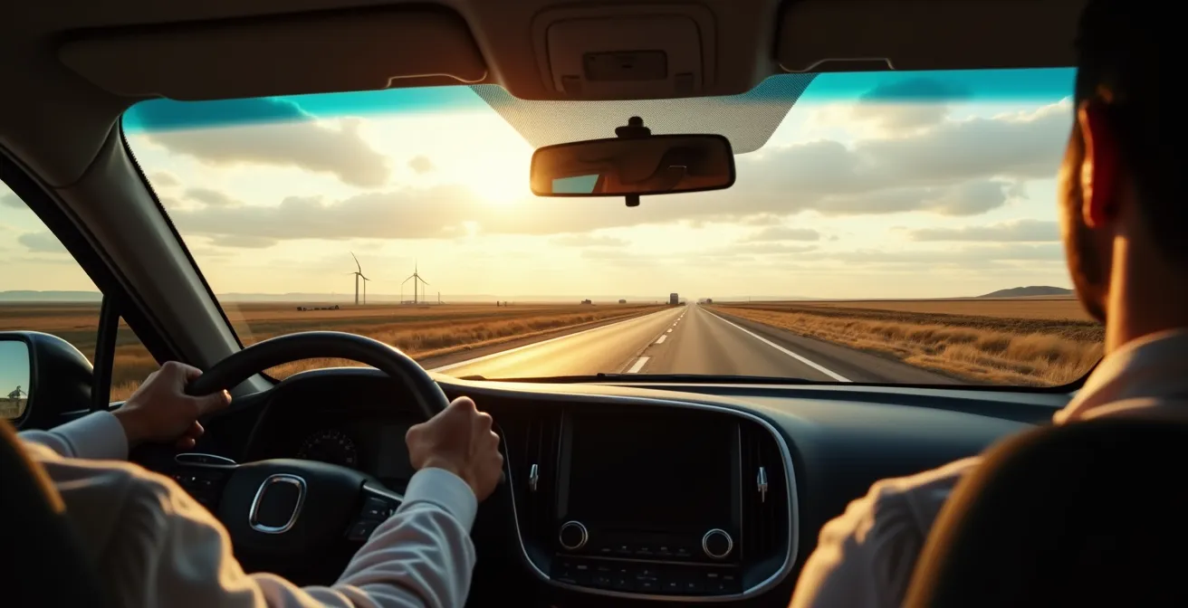 Driver's perspective on Trans-Canada Highway through prairies showing vast open road