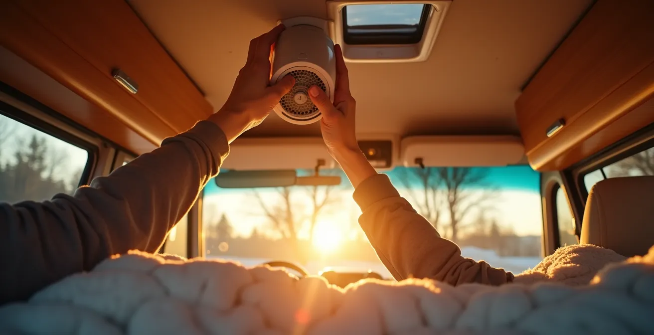 Close-up of a person's hands adjusting a roof ventilation fan from inside a cozy, wood-paneled van.