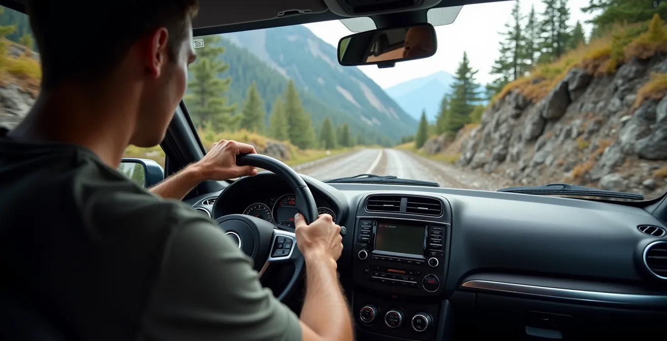 Off-road vehicle carefully descending a steep mountain trail with proper low-range technique