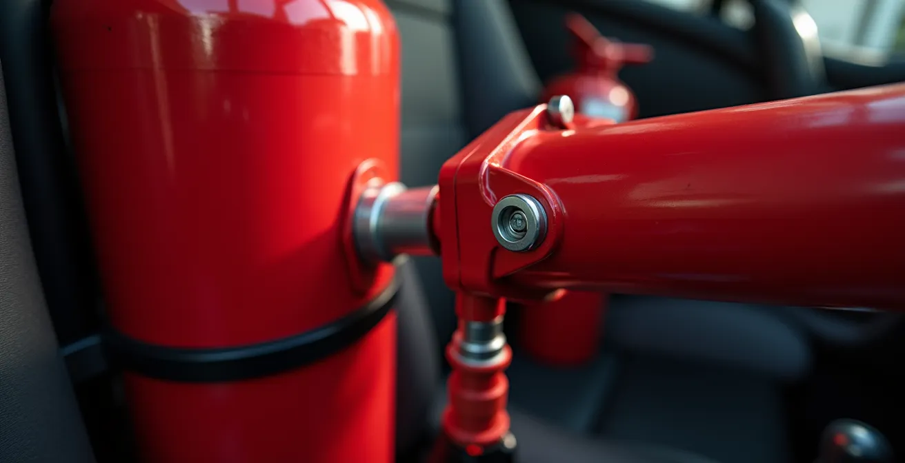 Fire extinguisher mounted in a quick-release bracket near the driver's seat inside a vehicle cabin for emergency access.
