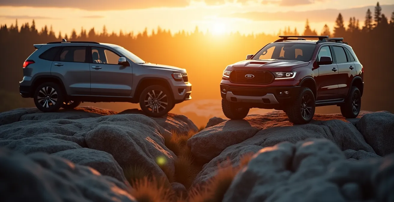 Side view comparison of a crossover and a 4x4 vehicle's clearance over a rocky obstacle