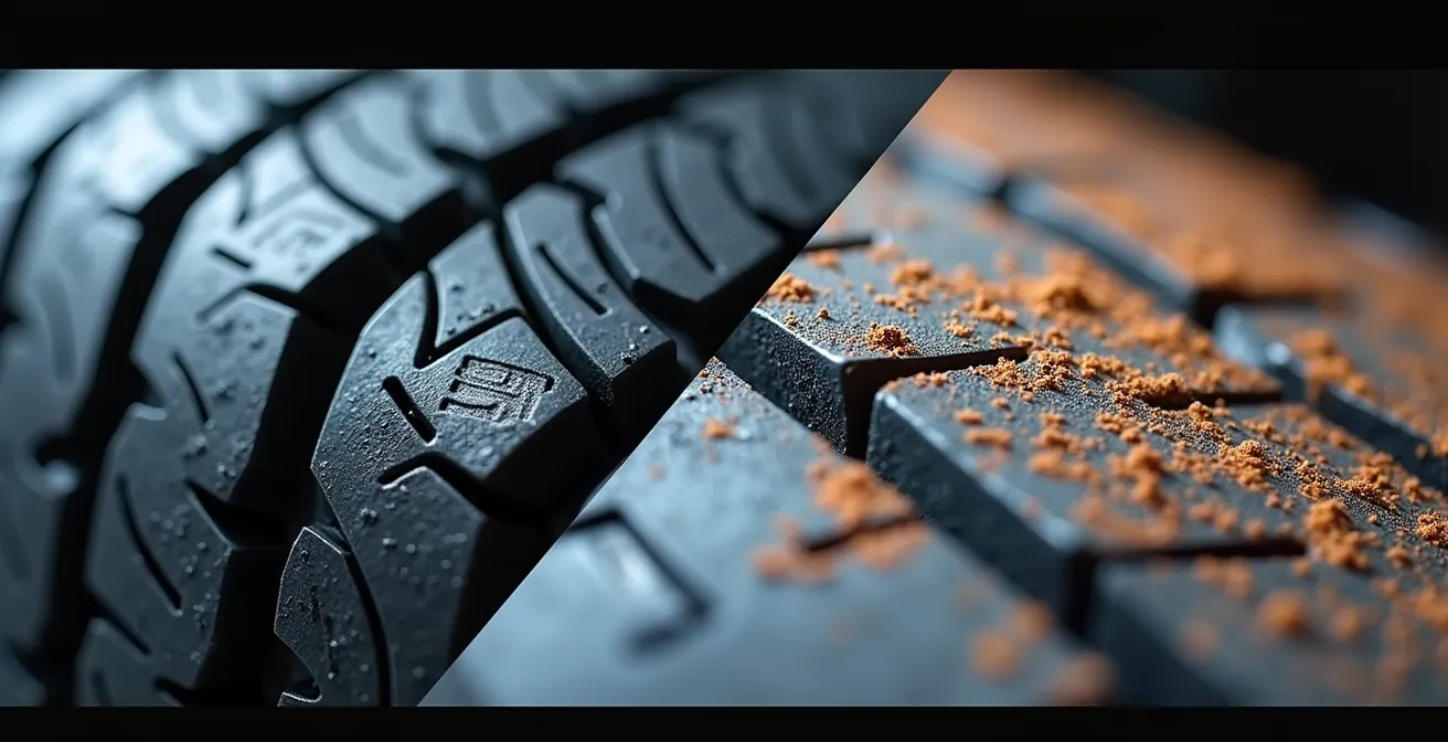 Extreme close-up of tire tread depth measurement and underbody rust inspection