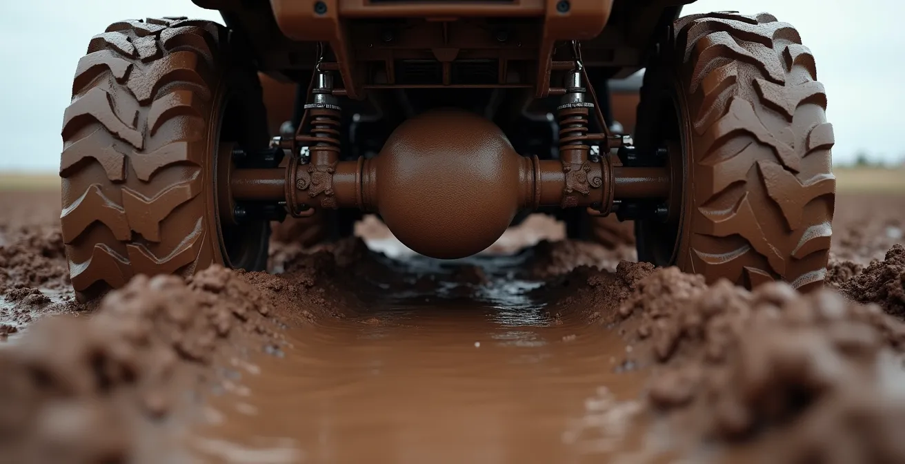 Heavy truck differential bottomed out in deep prairie clay mud