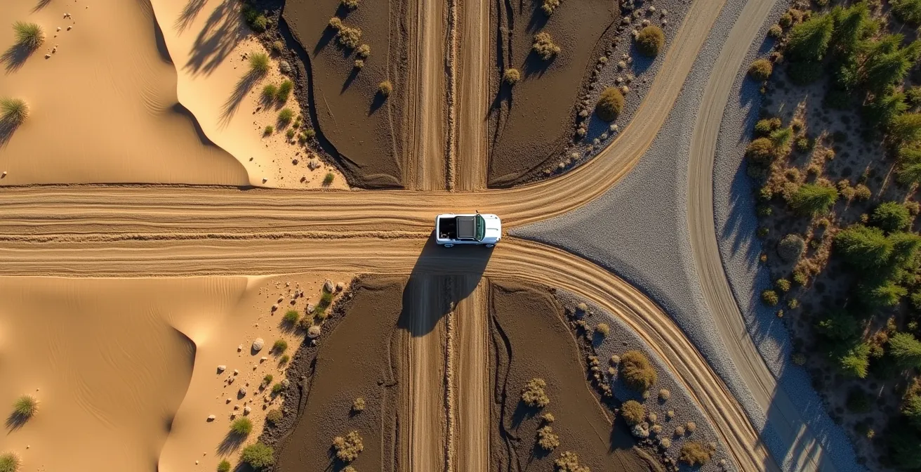 Aerial view showing vehicle tracks through sand, mud, and gravel demonstrating different driving techniques