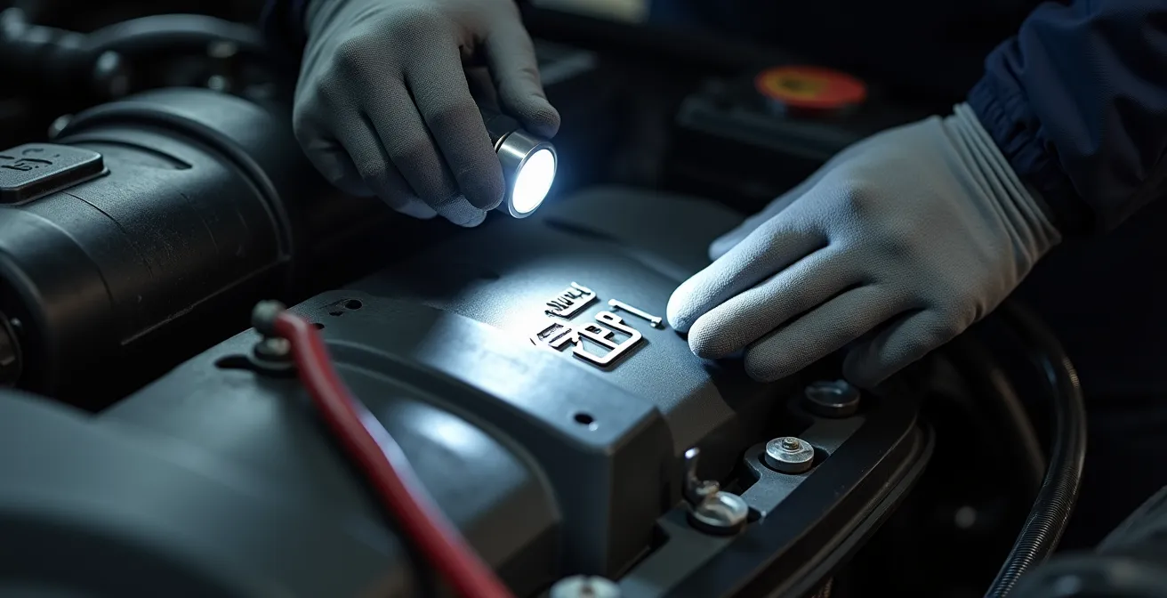Mechanic checking hidden VIN location under vehicle hood with inspection light