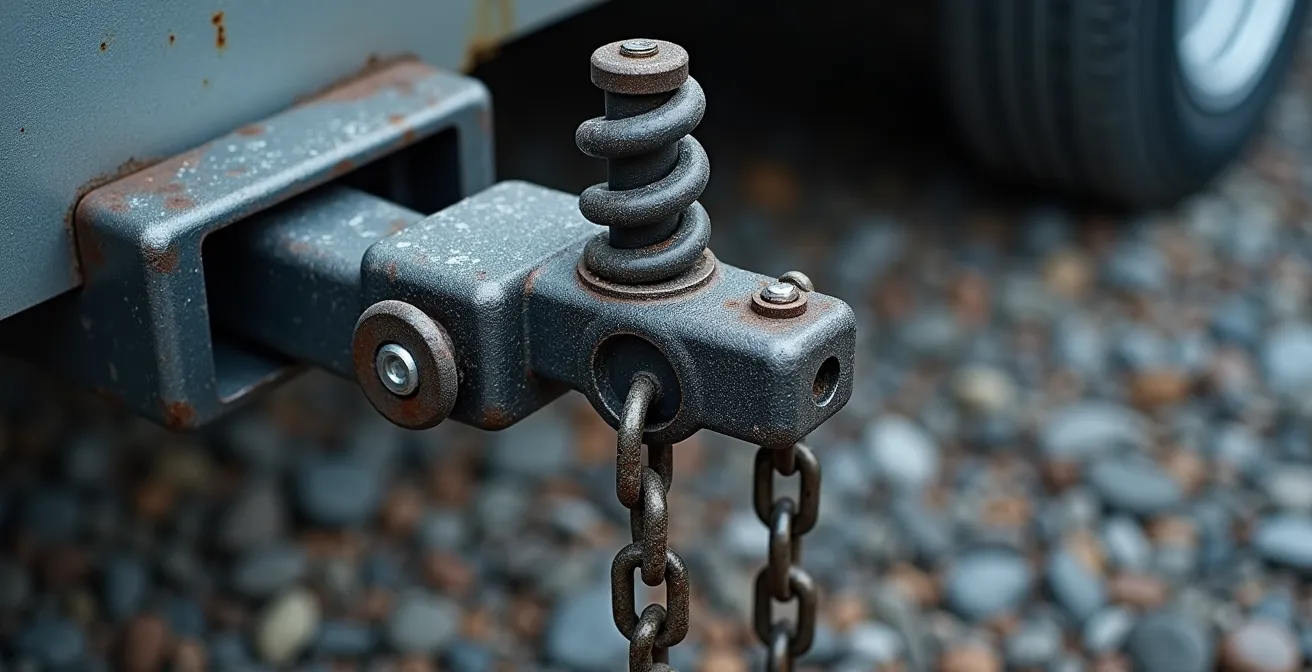Close-up macro shot of a weight distribution hitch system showing spring bars and adjustment mechanism