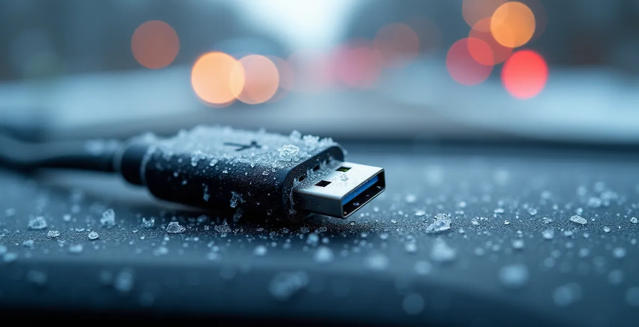 Extreme close-up of a wireless CarPlay adapter's connector with delicate ice crystals forming on its metal contacts.