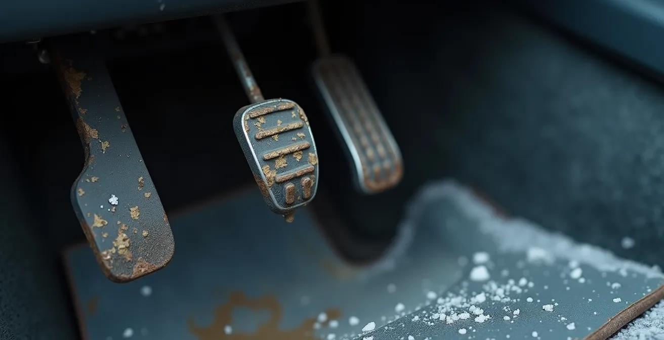 Close-up macro shot of worn brake pedals and steering wheel showing Canadian winter salt damage patterns